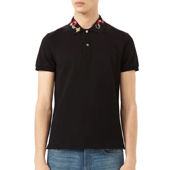 Used Men’s Size Small Gucci King Snake & Bee Collar Embroidered Polo Shirt Black - Picture 1 of 15